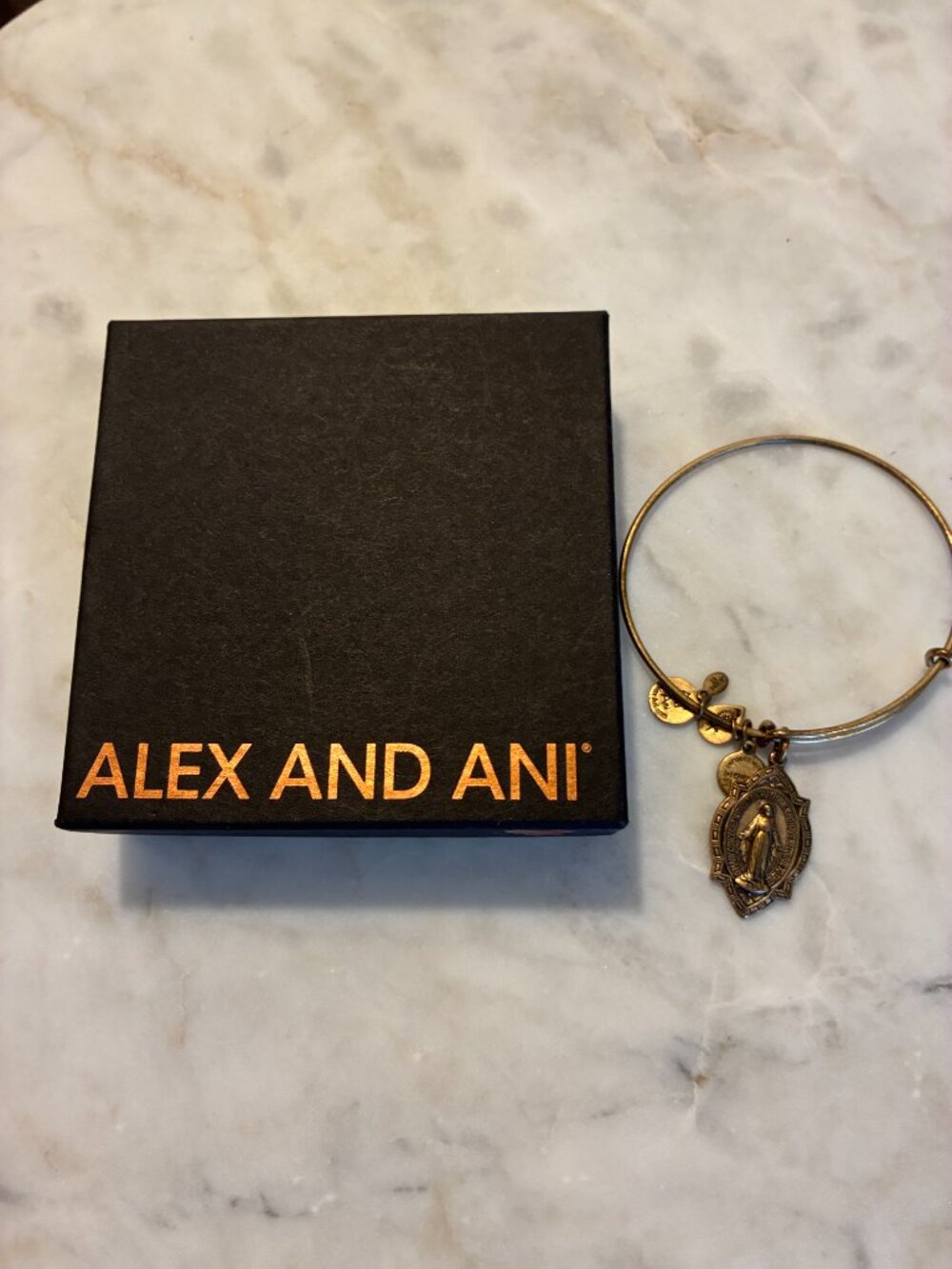 Alex And Ani Mother Mary Charm Bangle Bracelet Brass Gold Tone "Pray for Us"